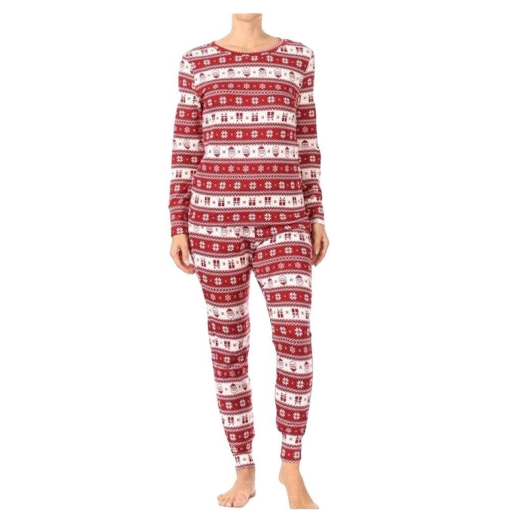 Shosho Christmas Holiday Pajamas PJ Set Red White Fair Isle Santa Claus M Lounge